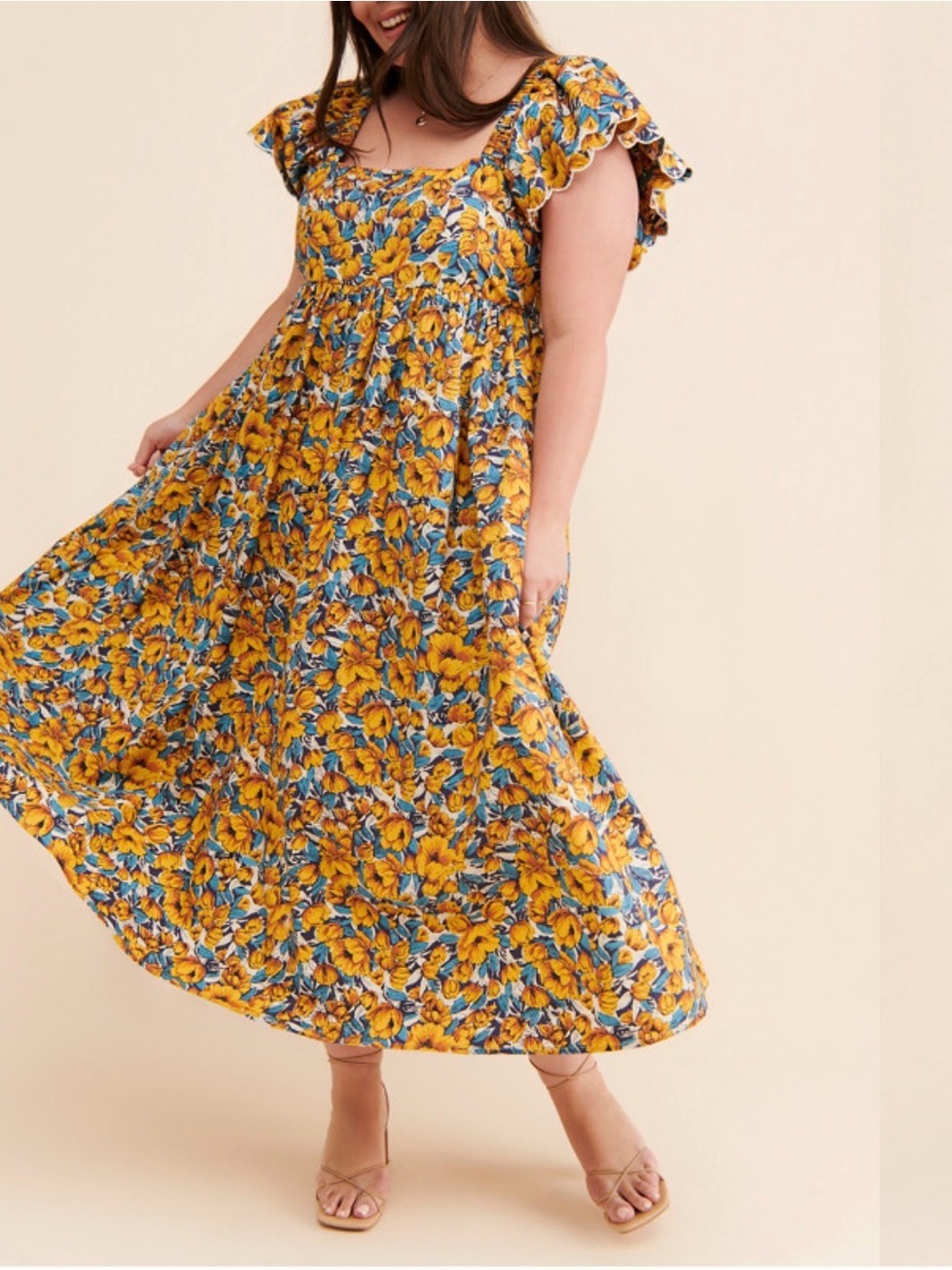 En Elly Bella Floral Midi Dress in Yellow Green Multi Ruffle Sleeve Size 3X